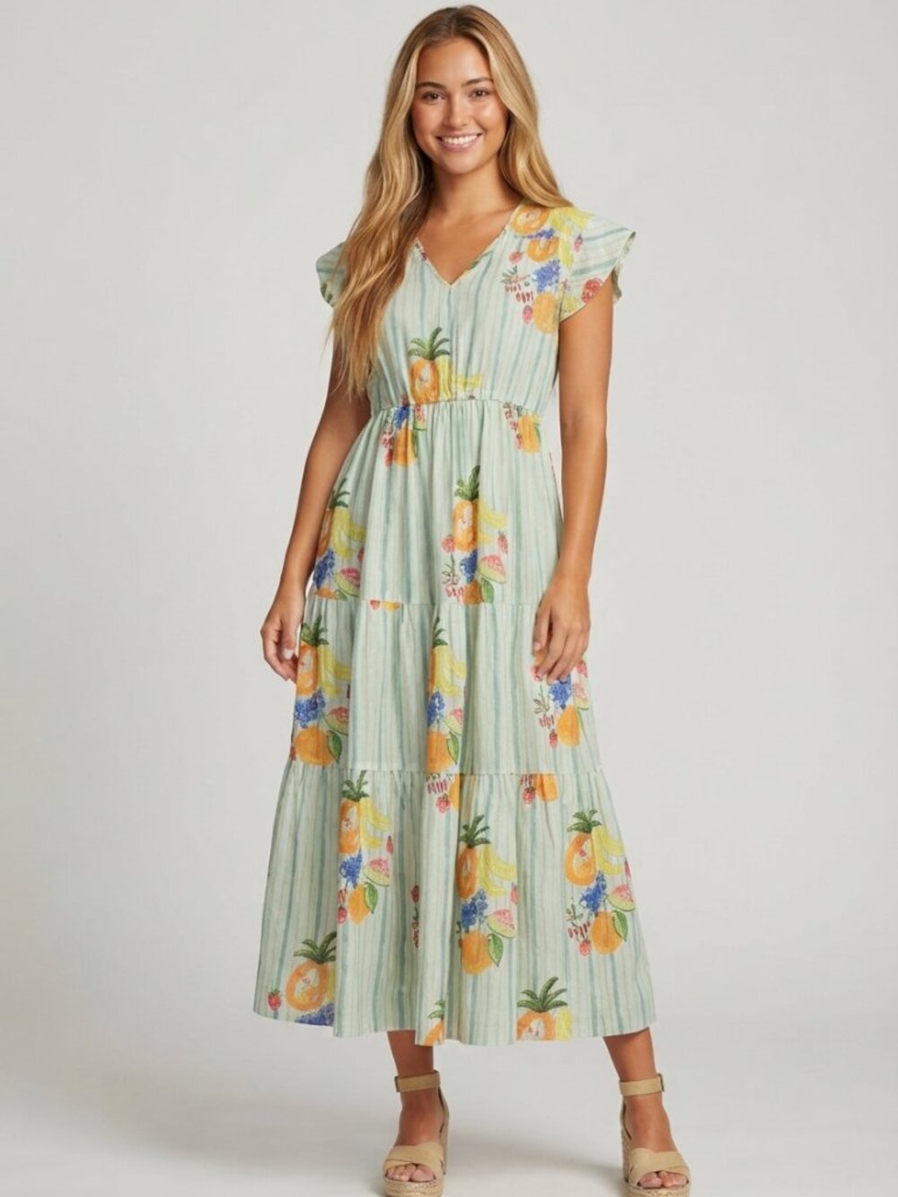 World Market Fruit Print Tiered Cotton Midi Dress Size L/XL 40055